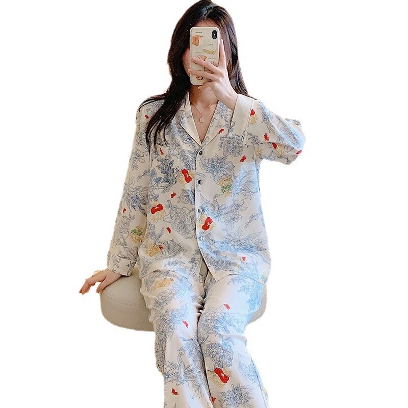 Frühling weibliche Nachtwäsche lang ärmel ige lange Hosen zweiteilige Set dünn bedruckte Pyjamas Revers Kragen Baumwolle Seide Home Kleidung für Dame