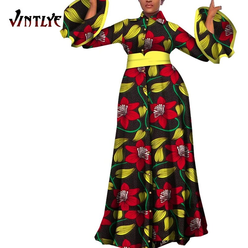 여성용 아프리카 드레스 플레어 슬리브 앙카라 프린트 맥시 롱 드레스 패션 다시키 아프리카 파티 드레스 이브닝 가운 WY5483