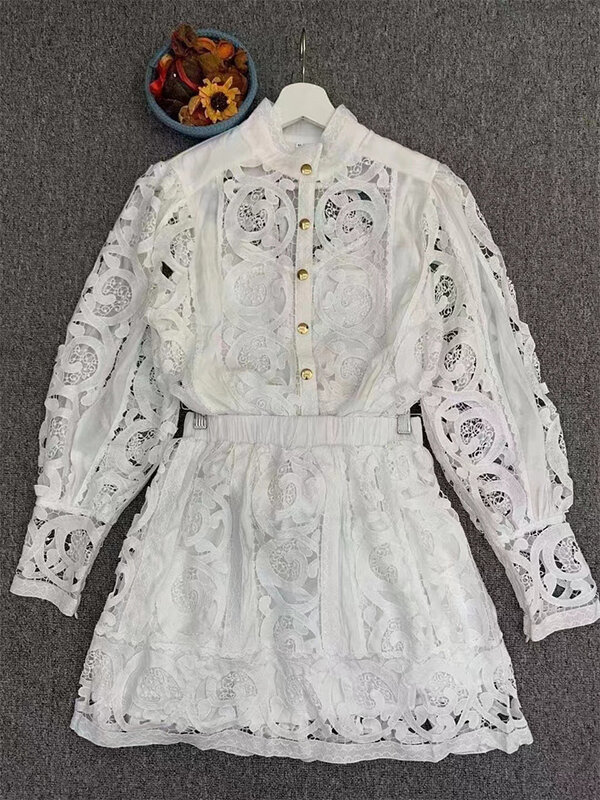 Retro openwork embroidered long-sleeved shirt single-breasted blouse+high waist and big skirt fashion suit female two-piece suit