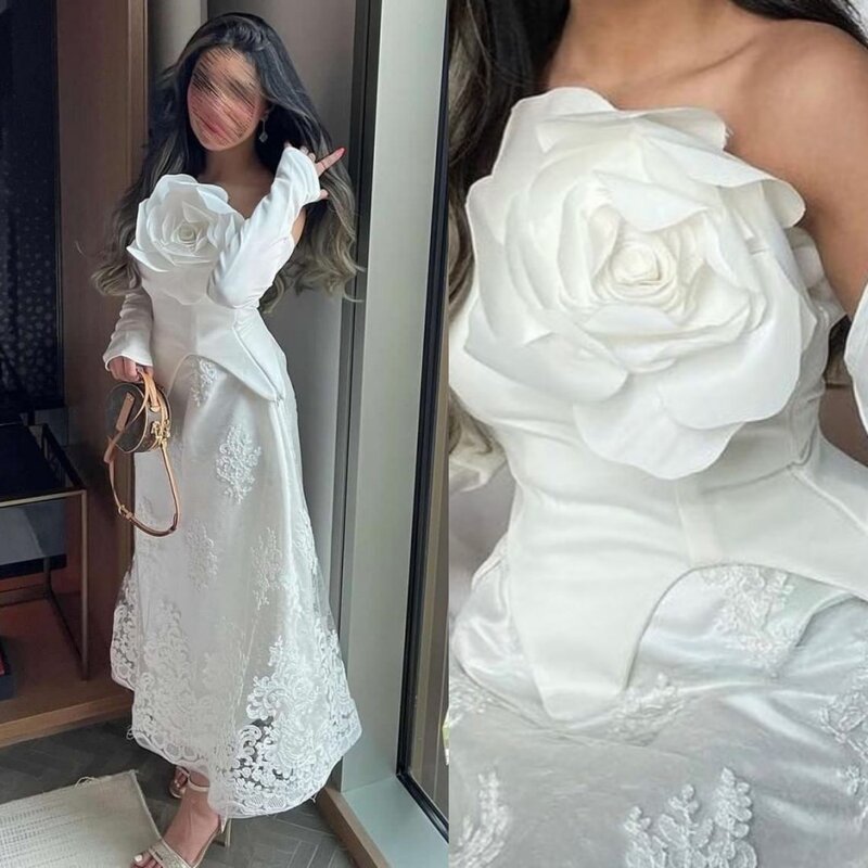 Prom Dress Saudi Arabia Exquisite Modern Style Strapless A-line Lace Flowers Satin Bespoke Occasion Dresses