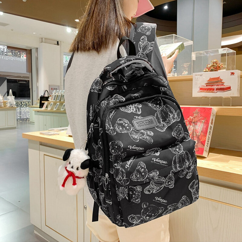 Laptop Mochila de grande capacidade Moda Impermeável Feminino Multi-bolso Escola Adolescente Viagem Estudante Urso Impresso Bookbag