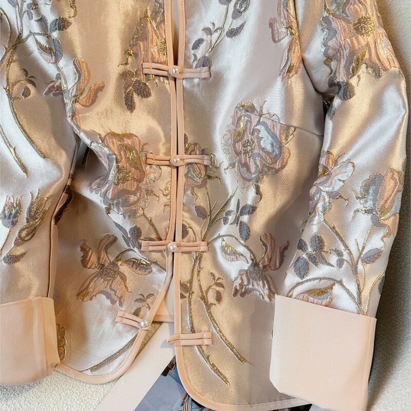 Abrigo corto de estilo chino para mujer, Top de satén bordado a máquina, color rosa, nuevo