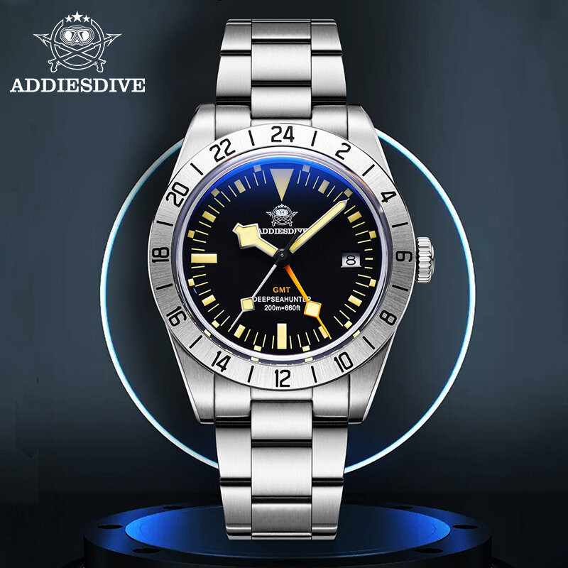 Relógio de aço inoxidável masculino ADDIESDIVE, GMT Watch, Quartzo impermeável, Espelho de bolhas, 200m, 39mm, Novo