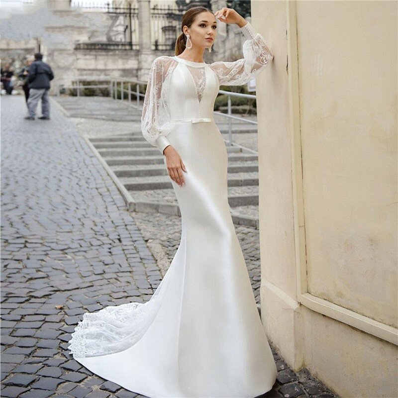 Elegant Long Lantern Sleeve Lace Satin Mermaid Wedding Dress 2024 O-Neck Beach Bridal Gown With Bow Vestido De Novia Sweep Train