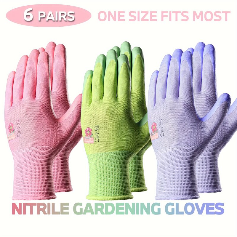 6 pasang sarung tangan taman Busa nitril warna-warni Wanita: tahan lama, nyaman, Ideal untuk berbagai tugas berkebun, penyiangan, pemasangan