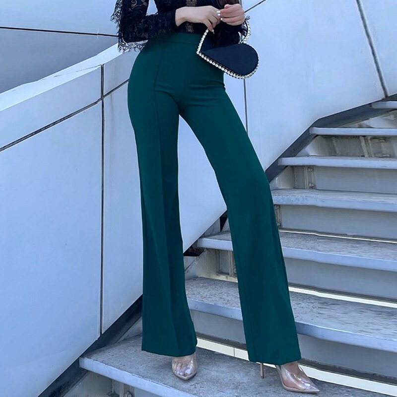 Women's Fashion Casual Work Pants Solid Color Slim Fitting High Waisted Straight Pants Personalized Flared Trousers