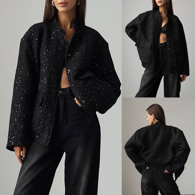 여성용 오버사이즈 스팽글 재킷, 블랙, 2024 컬렉션 패션, 금속 실, 긴팔 코트, 봄버 재킷, 가을 칼라 재킷