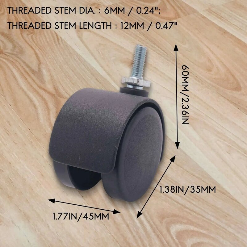 6mm Threaded Stem 40mm Dual Wheel Rotatable Caster Black