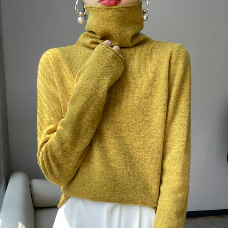 Suéteres de caxemira para mulheres, 100% lã pura, gola, camisa de fundo de malha, pulôveres soltos de pescoço alto