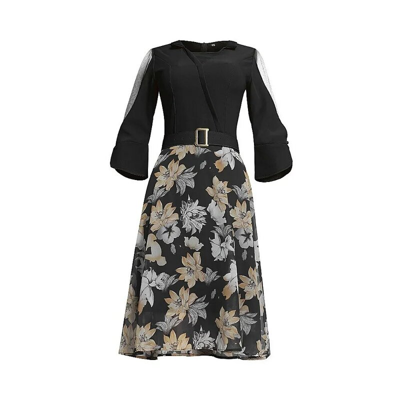 2023 New Spliced Floral Skirt Casual Fashion Seven-point Sleeve Chiffon A-line Skirt Women's Large Size 399#