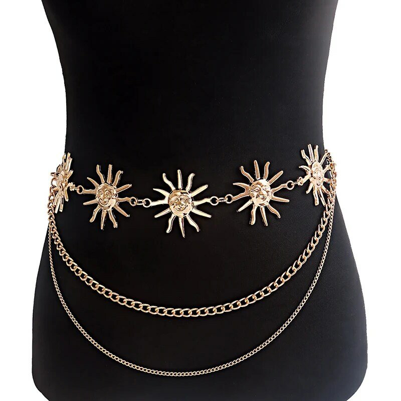 Wielowarstwowe Punk Gothic Moon słońce łańcuszek w talii metalowe paski dla kobiet ubierają biżuterię łańcuszek na talię pasy