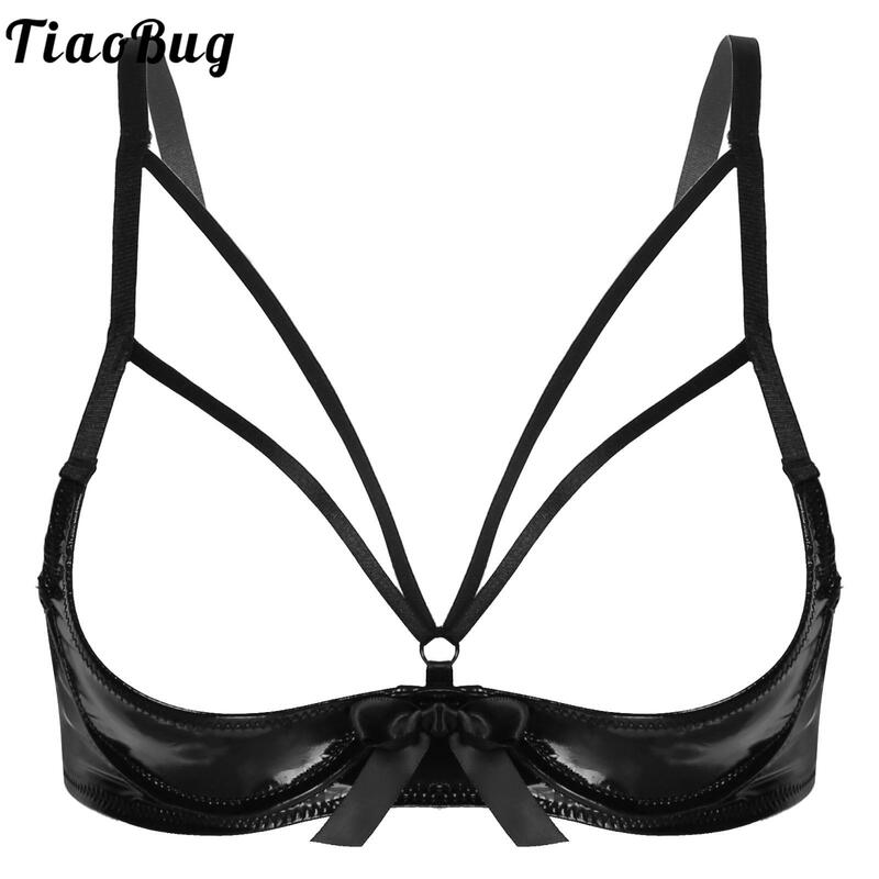 Women Strappy Open Cup Patent Leather Bowknot Underwired Bra Tops Adjustable Shoulder Strap Brassiere Lingerie Underwear