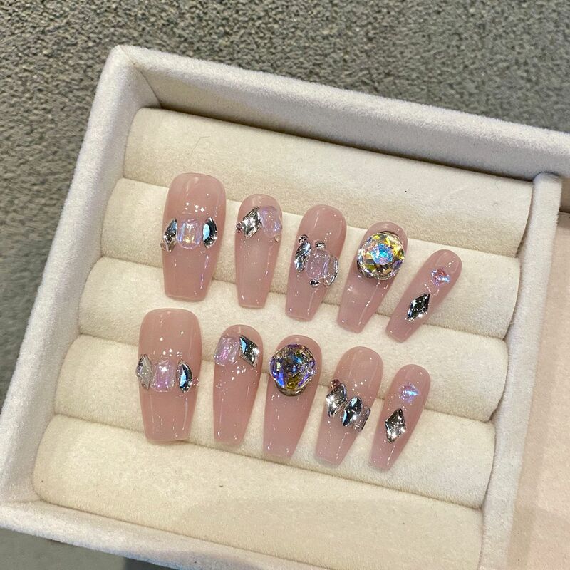 Puntas de uñas postizas hechas a mano con pistola de pulverización de 10 piezas, colorete de polvo, purpurina de diamante, Ballet francés