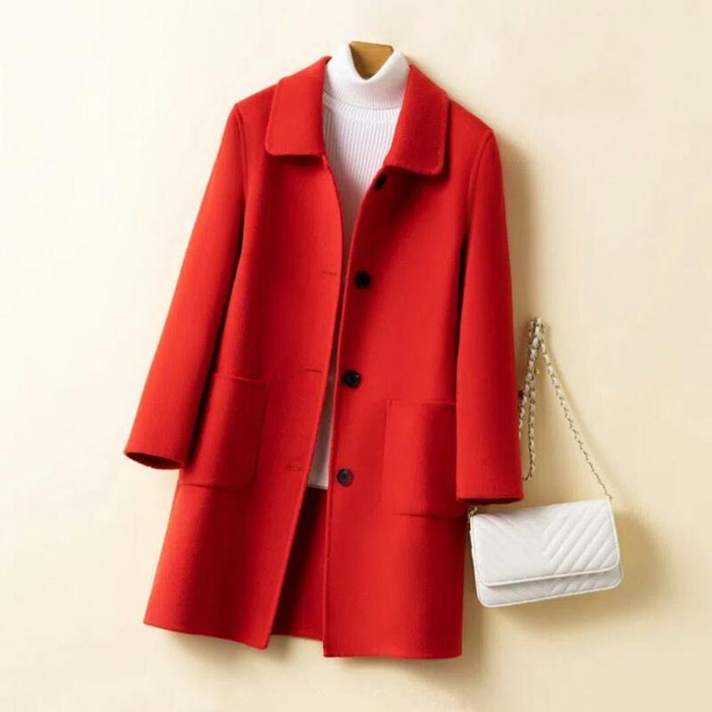 Cappotto da donna in tinta unita cappotto invernale di media lunghezza da donna alla moda con tasche monopetto con risvolto spesso resistente al freddo per l'autunno