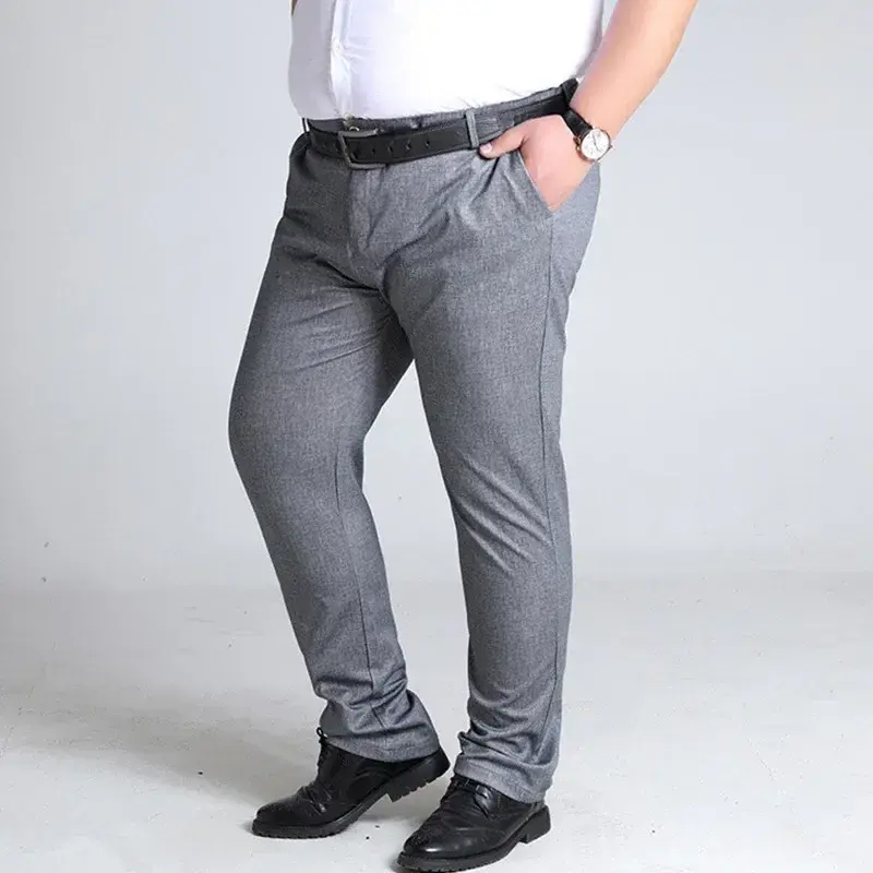 Calças elásticas retas para homens, roupas de escritório, calças plus size, cinza, preto, azul escuro, tamanho grande 44, 46, 48, 50, 52, 140kg