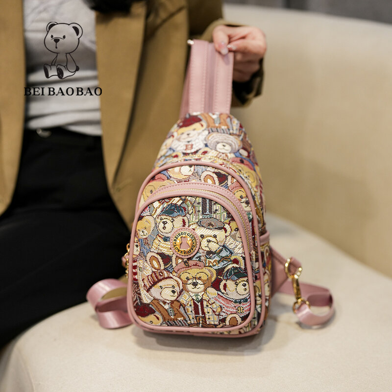 Новинка 2024, сумка Beibaobao через плечо на одно плечо, Повседневная модная женская спортивная сумка для телефона, нагрудная сумка с мультяшным рисунком