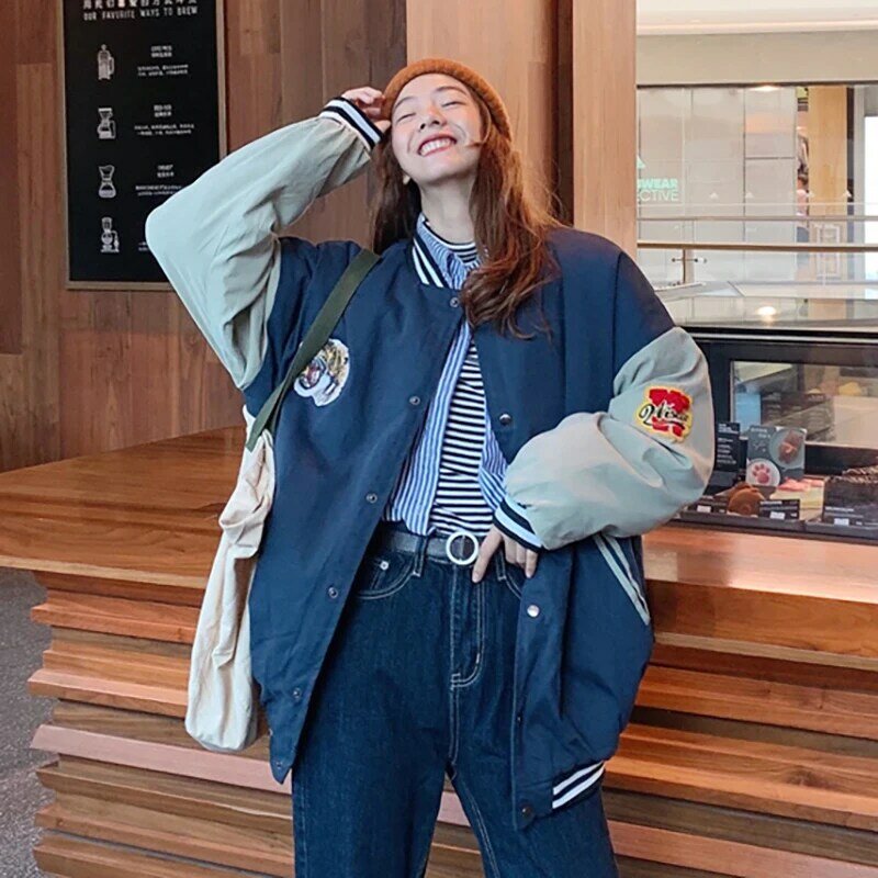 New Spring And Autumn Coat Student Women's Short Round Neck Panel Jacket Single Breasted Blue Embroidery Casual Baseball Fashion