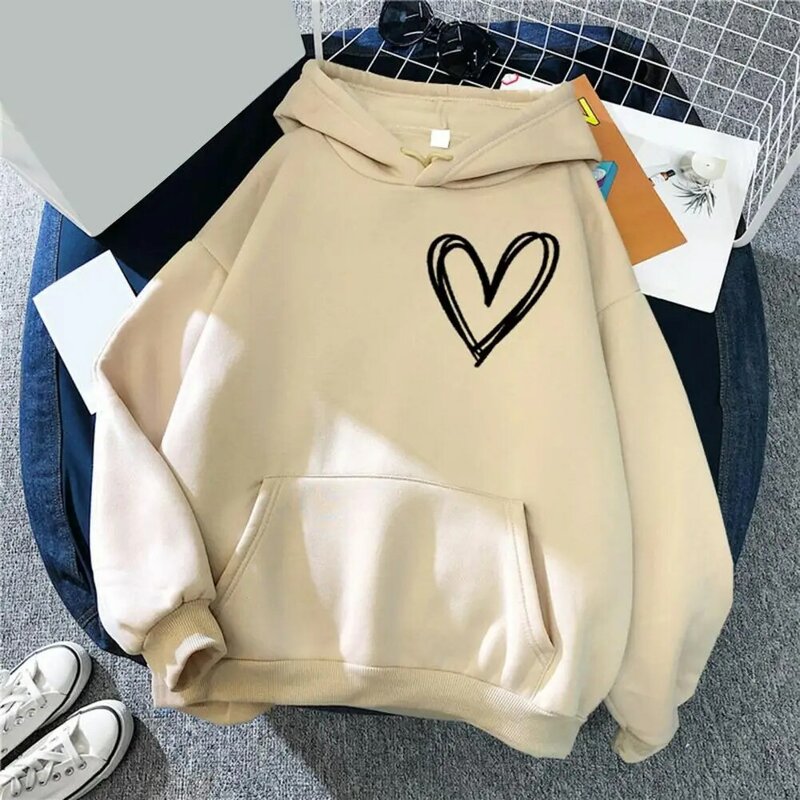Comfortable Women Hoodie Heart Print Pullover Sweatshirt Cozy Hooded Stand Collar with Long Sleeve Pocket Streetwear for Women