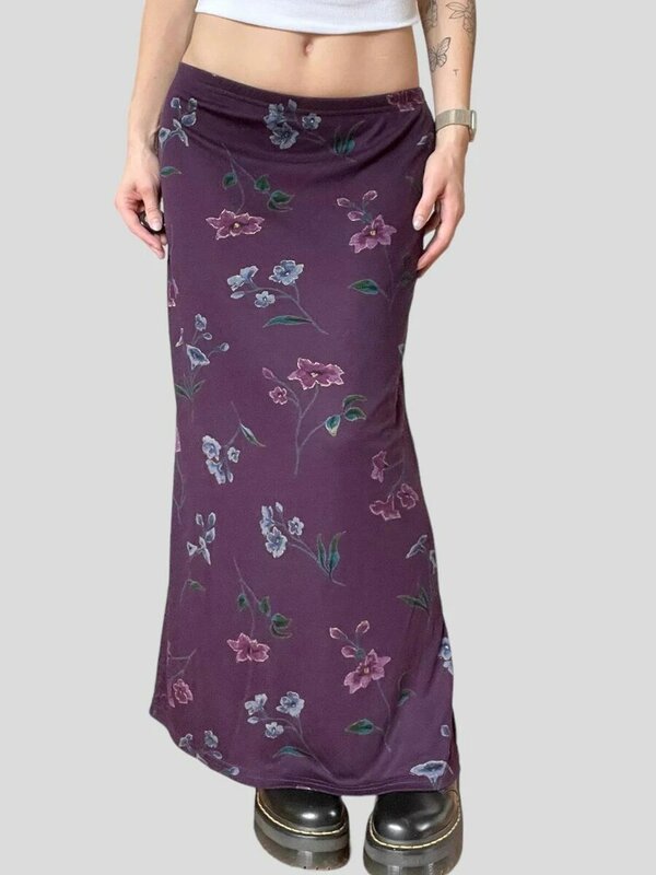 Women Floral Long Skirt Summer Casual Vintage Split Skirt for Beach Vacation Club Streetwear Aesthetic Clothes