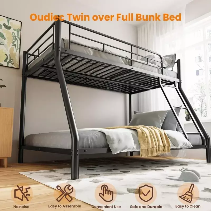 Bunk bed with ladder and safety railing, no spring box required, black suitable for children/adult bedrooms, space-saving design