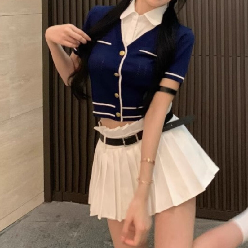 Kurtki z odsłoniętymi przeponą dla kobiet fałszywe dwuczęściowe na wszystkie mecze styl Preppy japoński jednorzędowy guzik dzianinowy Streetwear lato