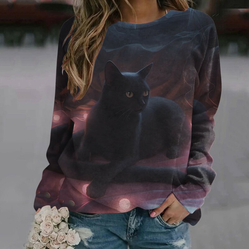귀여운 고양이 여성용 티셔츠, 캐주얼 긴 소매 티, 오버사이즈 하라주쿠 스웨터 의류, 데일리 블라우스, 여성 루즈 탑, 3D 프린트