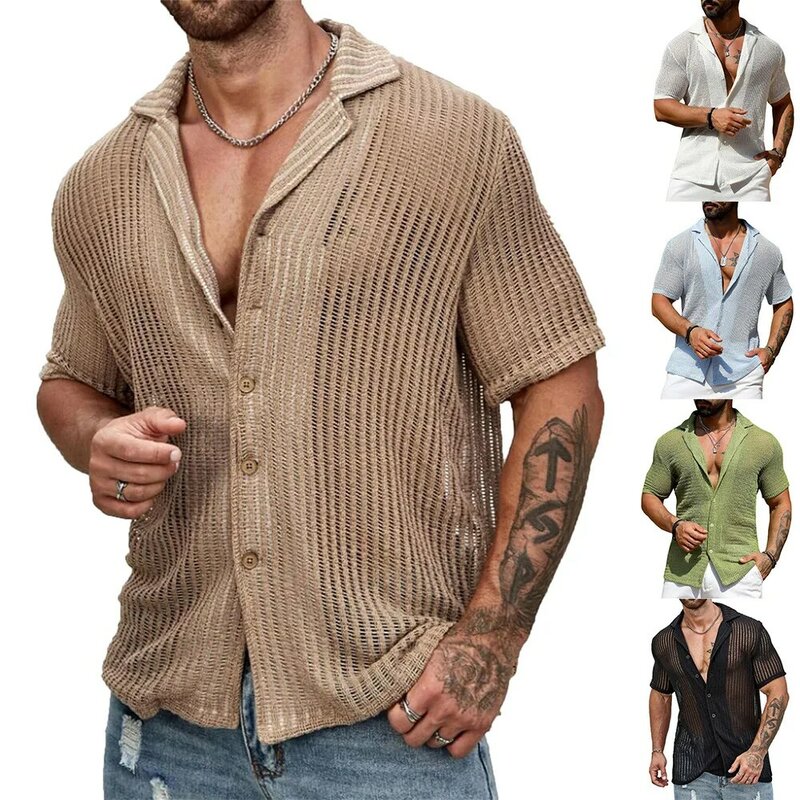 メンズ透明ニットシャツ,カジュアルボタンラペル,半袖,透かし彫りシャツ,セクシーなストリートウェア,夏