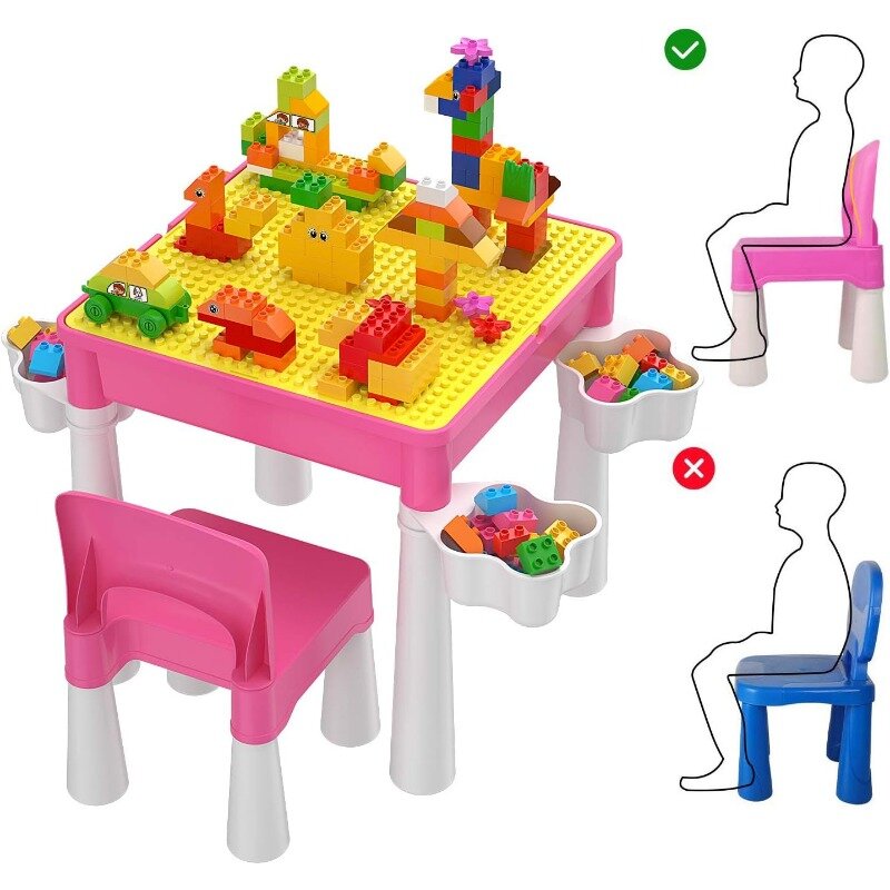 ชุดโต๊ะเล่นกิจกรรมหลากหลาย5ใน1ชุดประกอบด้วยเก้าอี้1ตัวและ128ชิ้นที่รองรับบล็อกตัวต่อก่ออิฐขนาดใหญ่