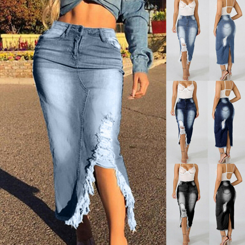 Women Fashion High Waist Ripped Destroyed Bodycon Street Style Split Denim Distressed Jeans Bodycon Long Skirt Wholesale