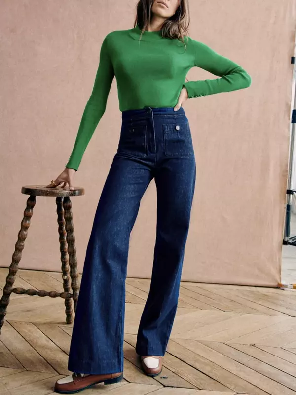 Calças jeans monocromáticas femininas, com zíper reto, bolsos de cintura alta, jeans casual de perna larga, novo, 2024