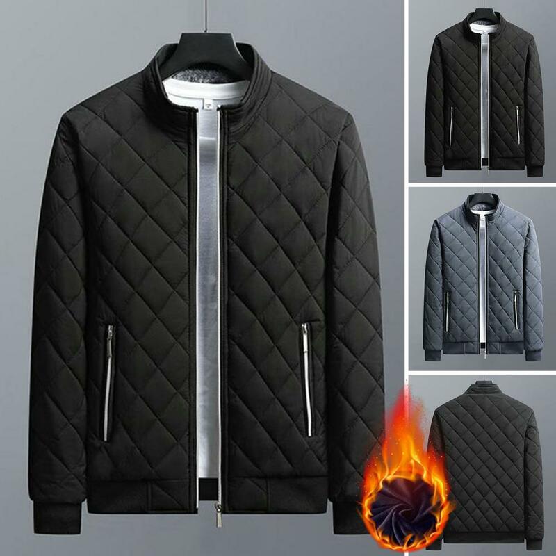 남성용 지퍼 포켓 재킷, 풀 지퍼 클로저, 겨울 코트, 세련된 격자 무늬 질감, 따뜻한 플리스 안감 포켓