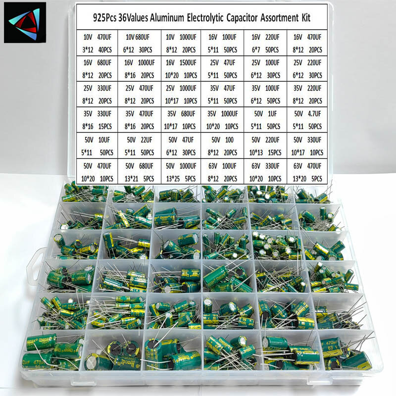 Kit de sortimento de capacitor eletrolítico de alumínio, baixo ESR, 1uF, 4,7 uF, 10uF, 22uF, 47uF, 100uF, 220uF, 330uF, 470uF, 36 valores, PCes 925