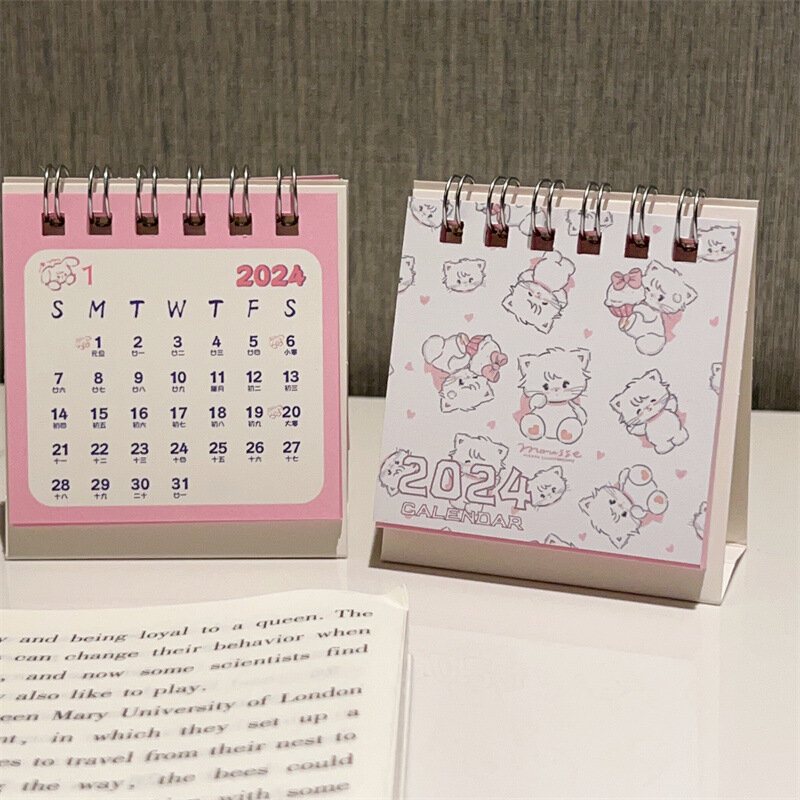 Kalender kucing merah muda kartun 2024 perlengkapan sekolah kantor buku kalender kumparan catatan meja Mini penyegar dan meja minimum