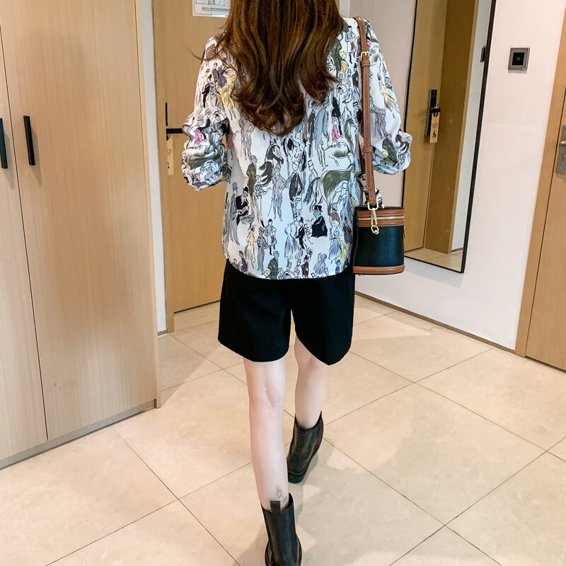 خريف جديد المرأة الشيفون قميص بلايز عادية بولو الرقبة طويلة الأكمام بلوزة الملابس