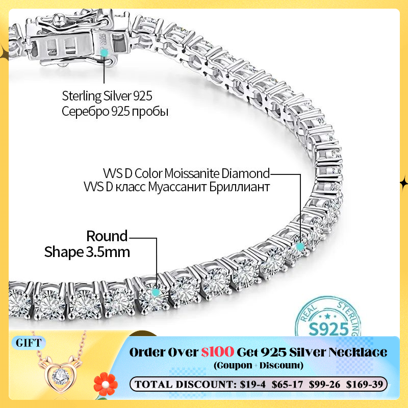 ATTAGEMS 4.0mm 5.0mm D Color Pass Diamond Tester GRC Round Cut White Gold Plated 925 Silver Moissanite Tennis Bracelet for Women