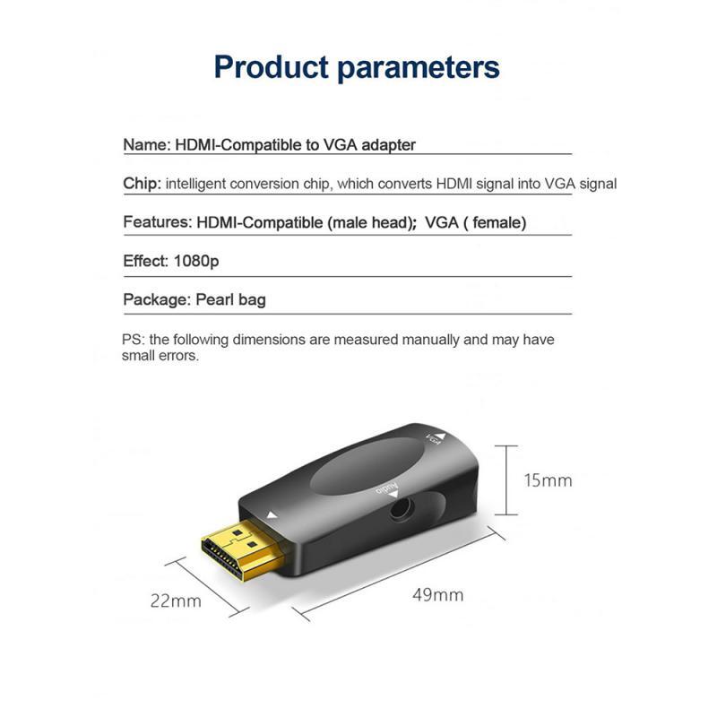 HDMI compatível com conversor de cabo VGA, adaptador macho para fêmea, 3,5mm, áudio 1080P para PC, laptop, tablet, display