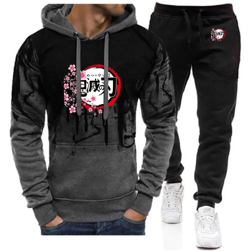 Devil killer male new spring and autumn Kamado Tanjirou graphic hooded sweater casual+trousers Harajuku gradient color two-piece