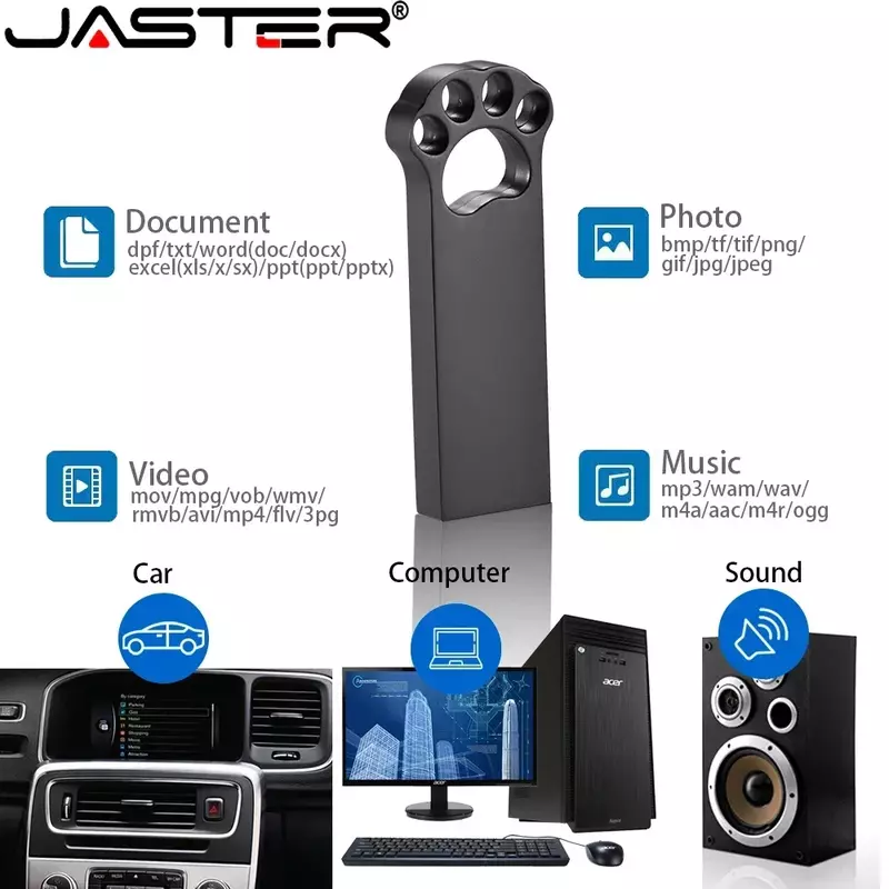 JASTER-Metal Cat Garra Flash Drives, Pen Drive de Alta Velocidade, Memory Stick, Chaveiro Livre, U Disco, Presente Criativo, USB 2.0, 16GB, 32GB, 64GB