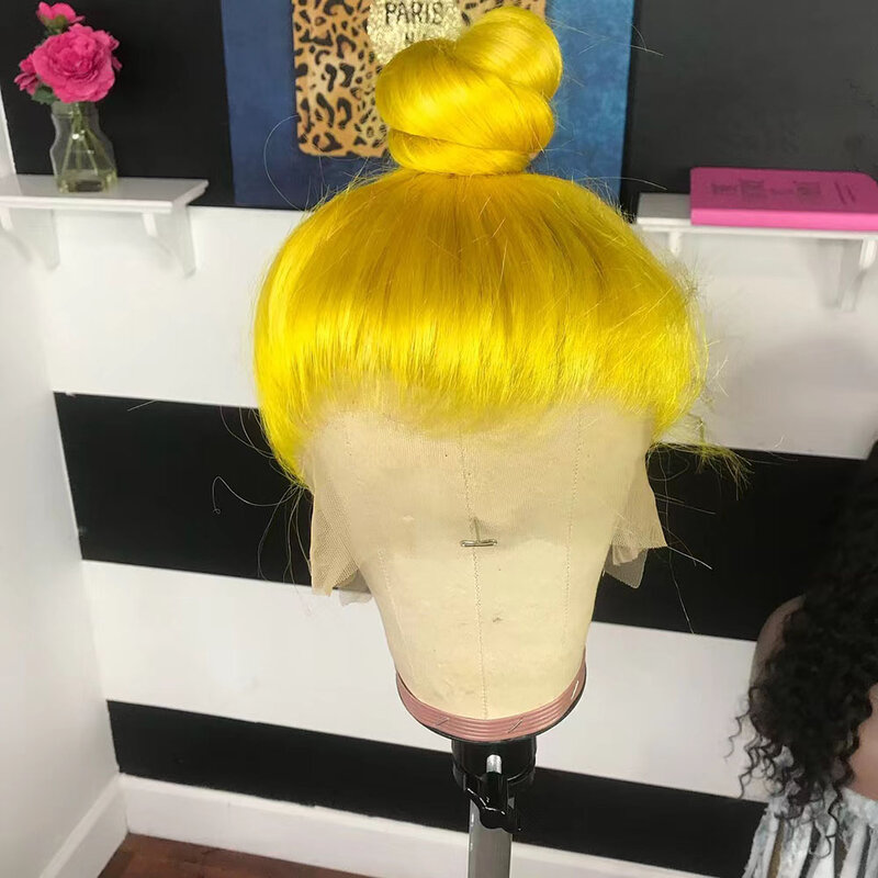 WIF-peluca larga y recta con encaje frontal para mujer, pelo sintético sin pegamento, color amarillo brillante, ideal para fiesta y Cosplay
