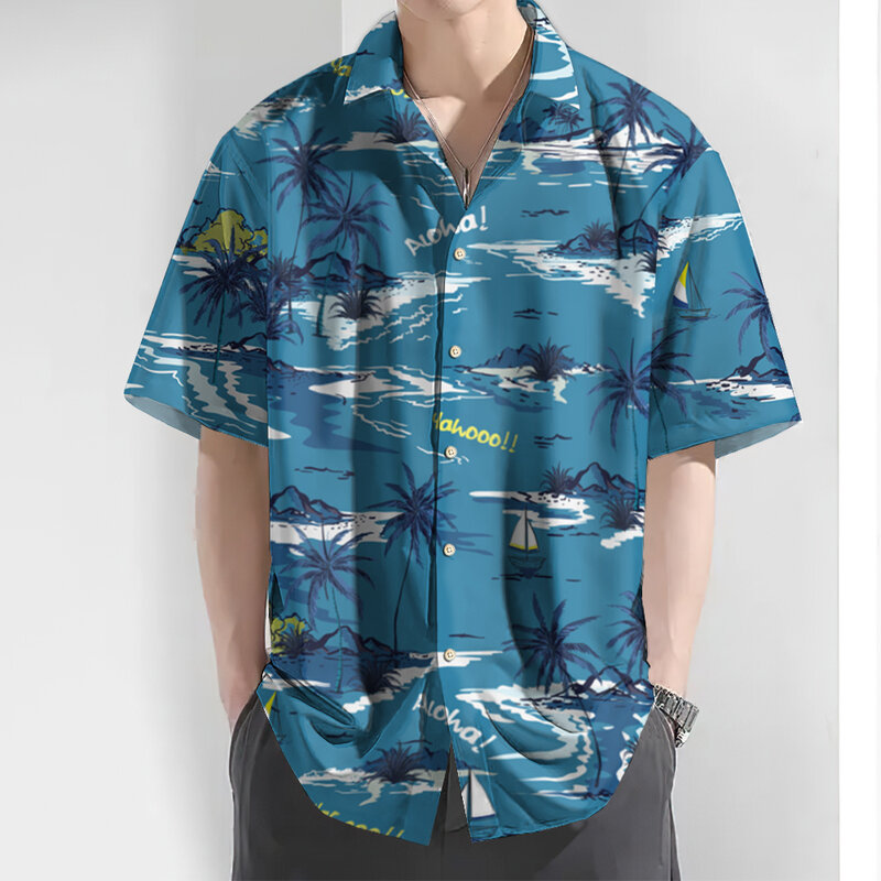 Новая гавайская рубашка для мужчин, 3d рубашка с принтом кокосового дерева и короткими рукавами, повседневные свободные рубашки, большие размеры 2024