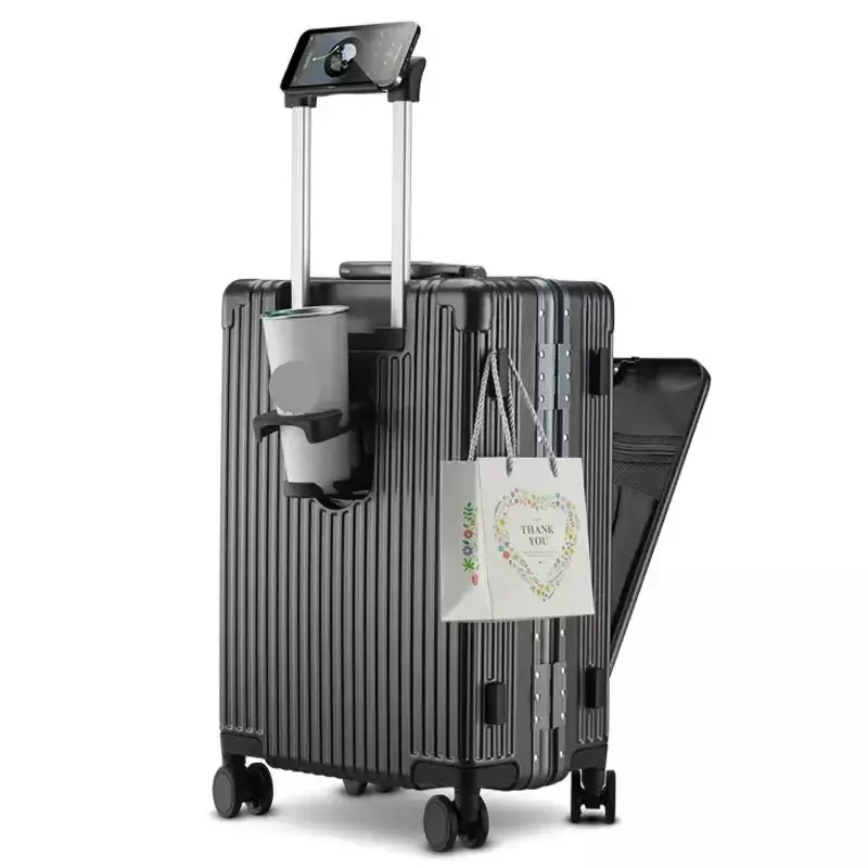 Maleta con Apertura frontal y marco de aluminio para equipaje, soporte giratorio USB para taza, soporte para teléfono, portador de cabina, bolsa de viaje Unisex, 18 pulgadas