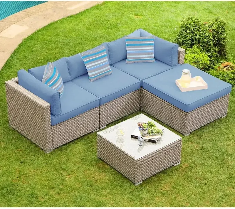 Outdoor Furniture All-Weather Brown Wicker Sectional Sofa W Warm Gray Thick Cushions, Glass-Top Coffee Table,Garden Sofas