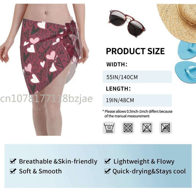 Sexy Women Chiffon Swimwear Pareo Heart Doodles Cover Up Wrap Sarong Skirt Transparent Beach Wear Swimsuit Bikini Cover Ups