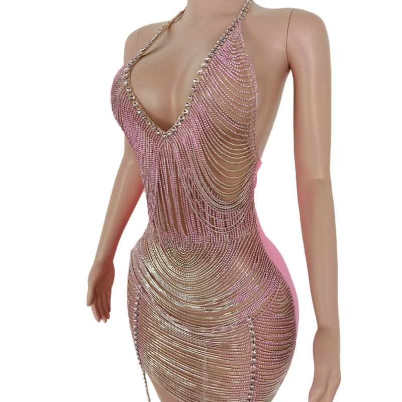 2023 nuovi arrivi estate abbigliamento donna Sexy scollo a V profondo diamanti rosa Club Dress Sexy Mini abiti da festa per le donne costumi da Bar
