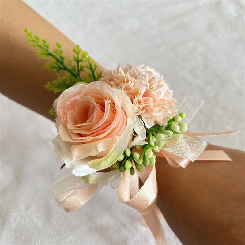 Pulso de seda corpete para dama de honra, flor mão, fita rosa artificial, festa de casamento decorativa, baile