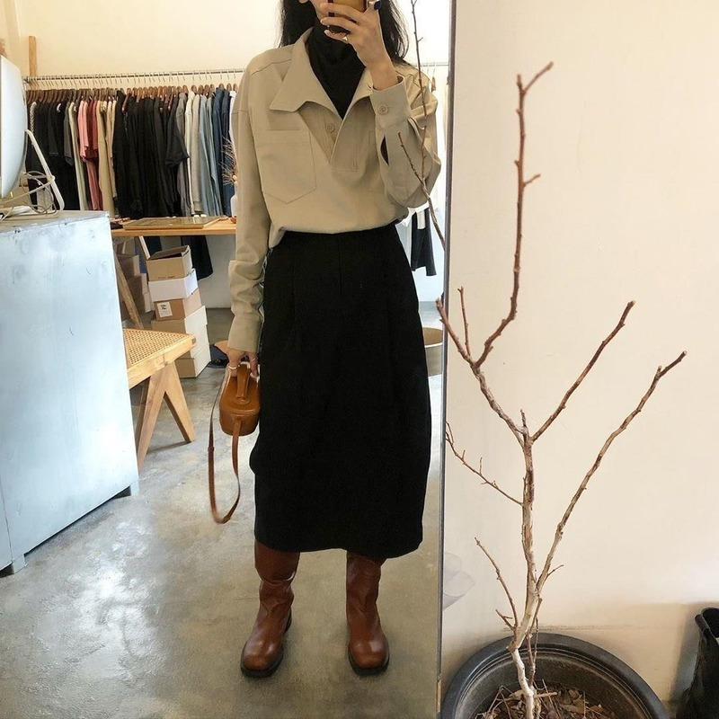 QWEEK Harajuku Chic Woman Blouses Korean Style Black Shirt Oversized Elegant Office Wear Ladies Long Sleeve Top Casual Outerwear