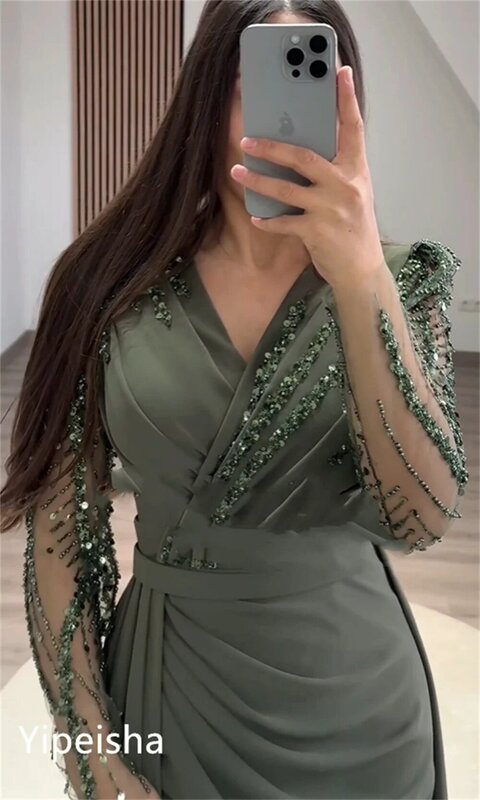 Gaun pesta malam Jersey Arab Saudi berpayet gaun pesta Ruched kerah V acara Bespoke gaun panjang