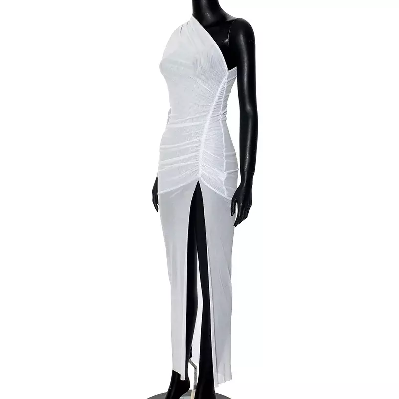Maxivestido ajustado de malla transparente para mujer, traje Sexy de manga larga con un hombro, fruncido, abertura alta, ropa ajustada para discoteca, bata de cumpleaños