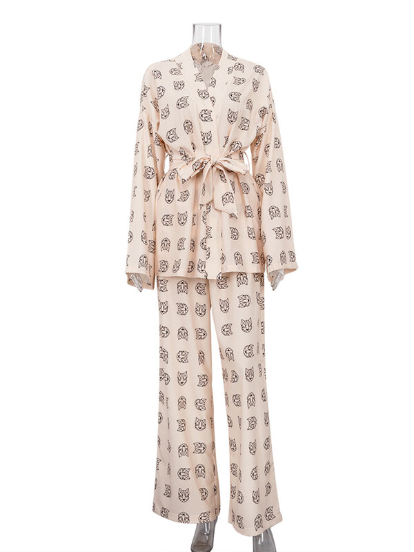 Marthaqiqi 캐주얼 루즈 프린트 잠옷, 여성용 잠옷, 우아한 긴 소매 레이스업 로브, 와이드 팬츠 세트, 여성 잠옷