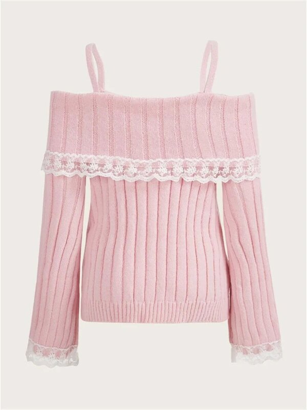 Grunge sweter rajut bahu terbuka wanita Pullover merah muda Pullover manis jumper tambal sulam renda pita lengan panjang Y2k pakaian jalanan